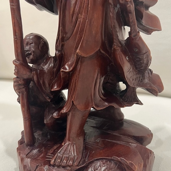 19th Cent Vintage Japanese Carved Wood Fisherman with Boy, Fish and Fishing Net - Picture 7 of 12